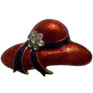 Red Hat Society Brooche, vintage. W/purple ribbon & white floral rhinestones.